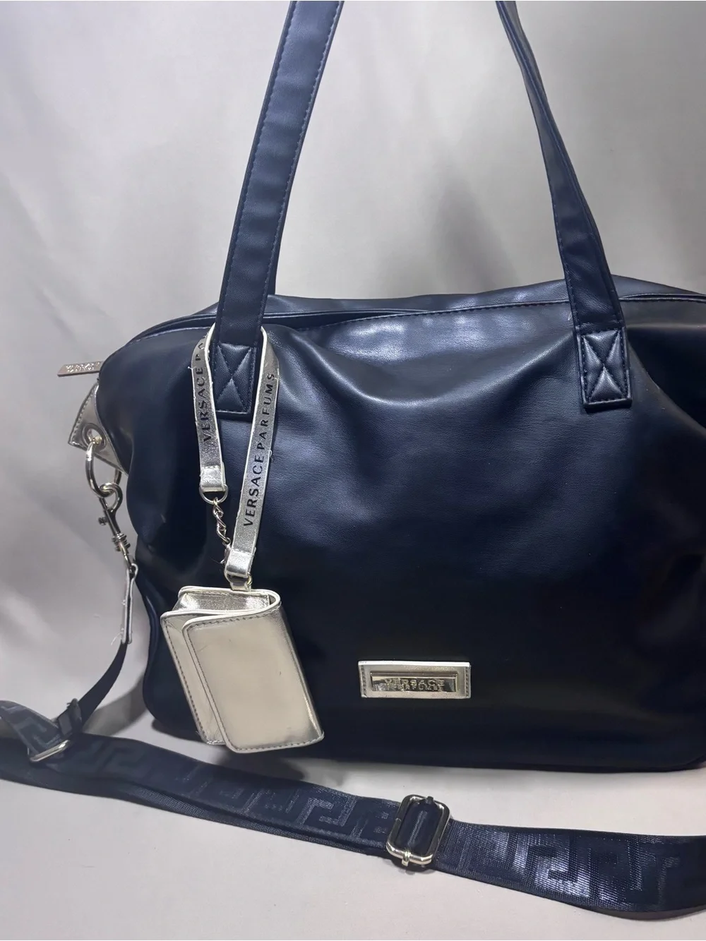 Black Leather Versace ParfumsTote with Silver Accents